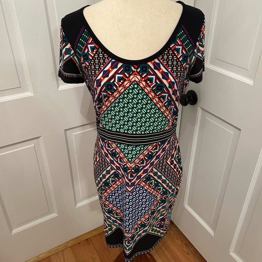 CALVIN‎ KLEIN Multicolor Geometric Tribal Print Dress Sz 8 Jersey Knit Stretch